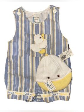 VTG BT Kids Baby Togs Romper W Hat NWT 6-9M Blue Striped Duck Quack Hat Squeaks
